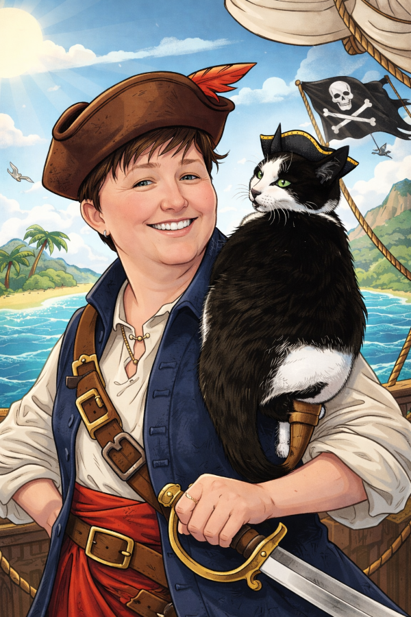 Burrow with a tricorn hat and peg leg on me-as-a-pirate's shoulder